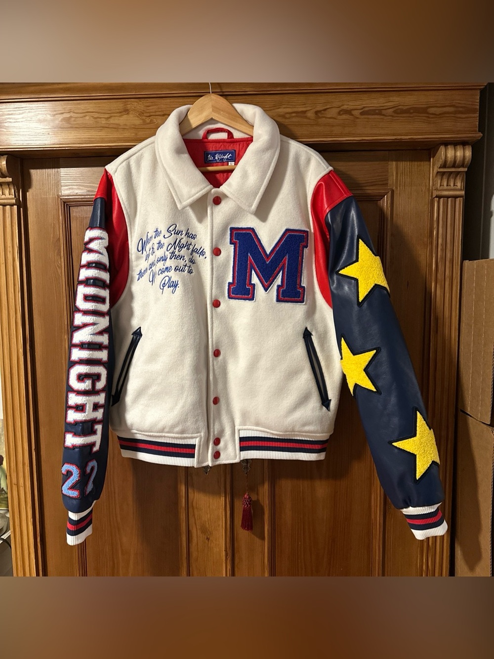 Mr. Midnight Blue White Varsity Jacket Star Patch Embroidered
Moon Stars Theme L